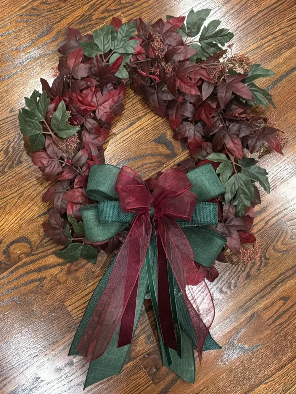 Burgundy & Green Leaf Holiday Wreath with Layered Bow